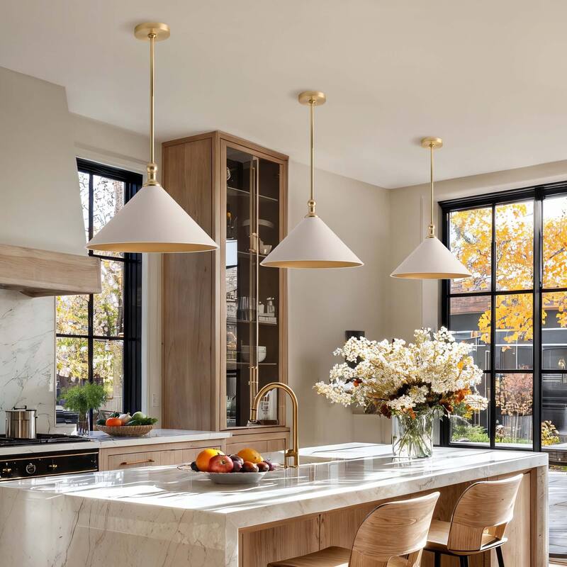 Giza Modern Pendant Light - Metal & Gold, White Cone Light Fixture For Mid-Century, Modern, Contemporary Room Decor - 17"