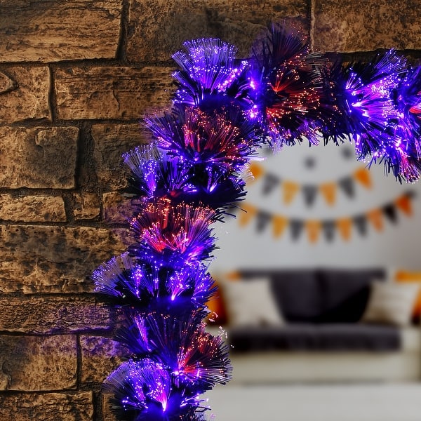 9 ft. Black Fiber Optic Garland with Purple and Orange Lights by