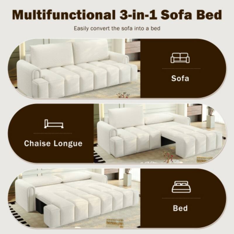 90.2 Inch King 3-in-1 Sleeper Sofa with Seat Storage, Modern 4-Seater Convertible Teddy Fabric Couch