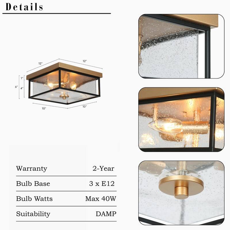 3-Light Modern Black Gold Square Flush Mount Ceiling Light with glass shade - 12" L x 12" W x 6" H