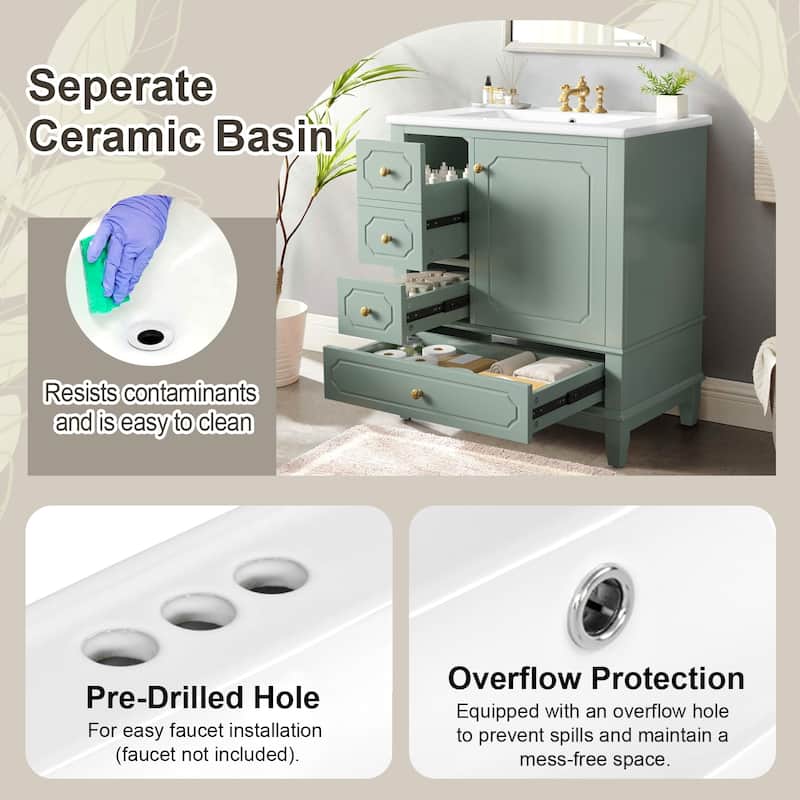 30" Bathroom Vanity with Sink,Solid Wood Frame,Painted MDF & Rubber Wood