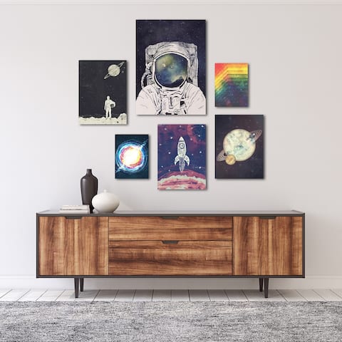 Outer Space Astronaut 6 Piece Gallery Wrapped Canvas Wall Art Set - Blue