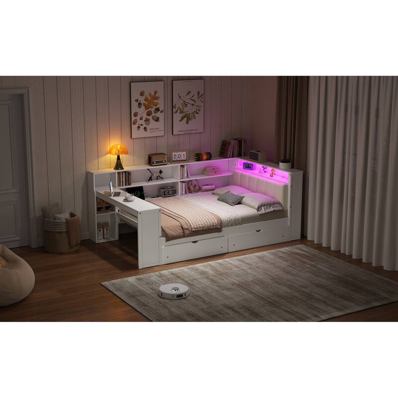 Wood Daybed Twin Size Platform Bed with Storage Shelves, Drawers, Charging Station, Desk, LED and Upholstered Cushion Headboard