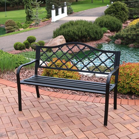 2-Person Black Cast Iron Metal Lattice Outdoor Patio Garden Bench -50"