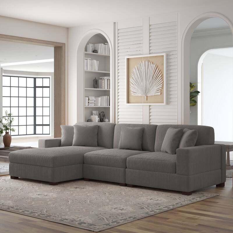 118" W Corduroy L-shape Modular Sectional Sofa with Pillows - Light Grey - Left Facing