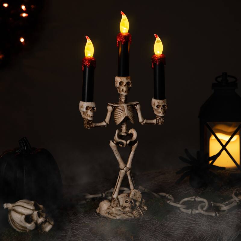 Dripping Flameless Candles Skeleton Halloween Candelabra - 14.5" - Amber Lights