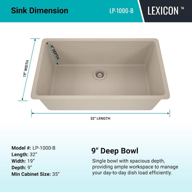 Lexicon Drop-In Quartz 32 Inch Single Bowl Kitchen Sink Kit - 32"x19"