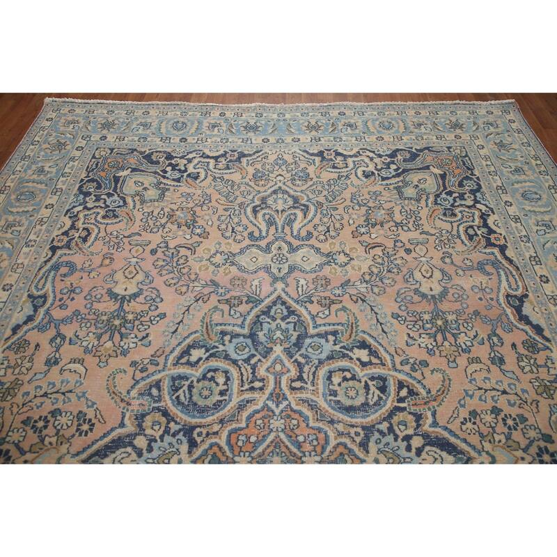 Hand Knotted Oriental 100% Wool Carpet Traditional Floral Peach Mashad Area Rug - 11' 6'' X 7' 11''