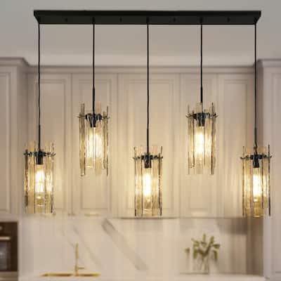 Modern 5-Light 52.7" W Linear Chandelier Texture Glass Island Light - Black - W59.1"xD7.9"xH80.5"