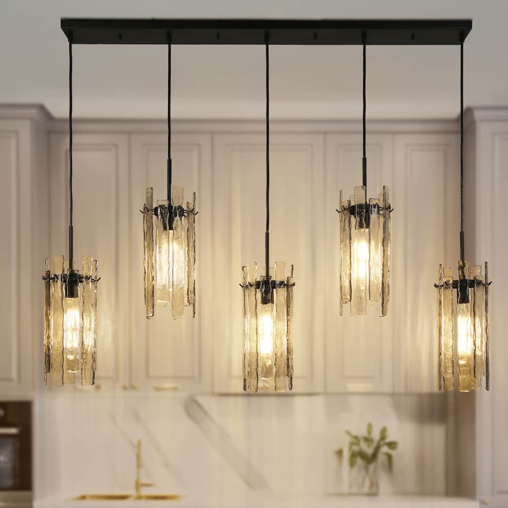 Modern 5-Light 52.7" W Linear Chandelier Texture Glass Island Light - Black - W59.1"xD7.9"xH80.5"