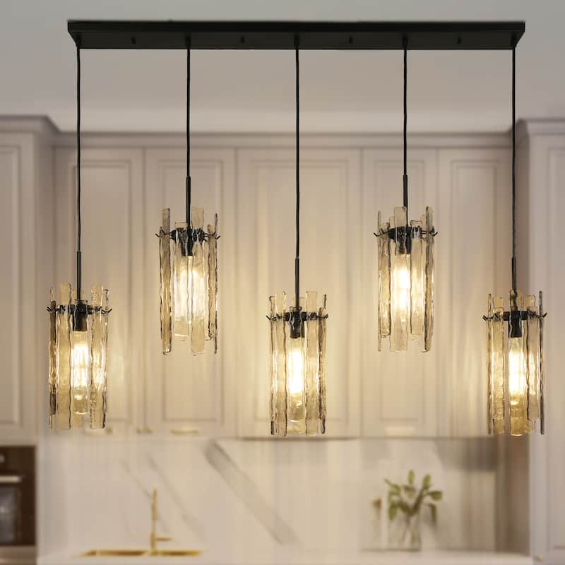 Modern 5-Light 52.7" W Linear Chandelier Texture Glass Pendant Island Light - Black - W59.1"xD7.9"xH80.5"