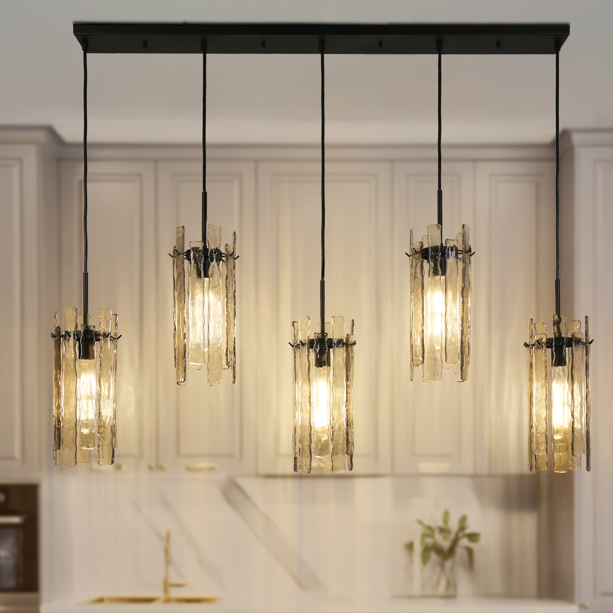 Modern 5-Light Large Linear Chandelier Texture Glass Kitchen