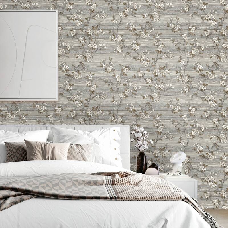 Flocked Botanical Blossom Pattern Stylish Floral Wallpaper