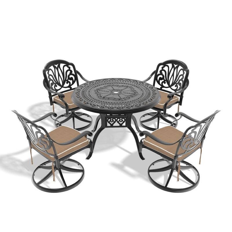 5-Piece Aluminum Round Outdoor Patio Dining Set, 4 Cushioned Swivel Chairs, Table, All-Weather Frames