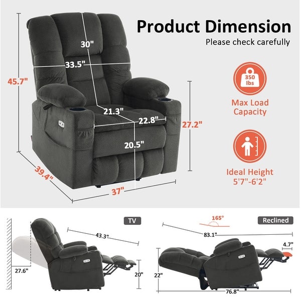 dimension image slide 1 of 5, MCombo Large Dual Motor Power Lift Recliner Chair with Massage and Dual Heating for Big and Tall Elderly People, Fabric 7634