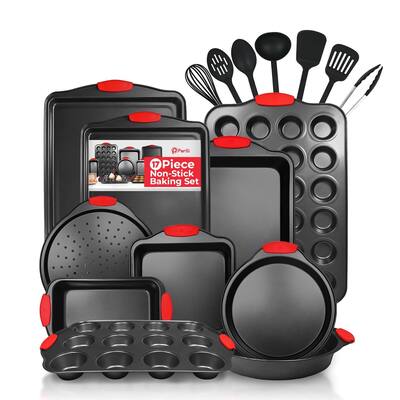 17-Piece Baking Pan Set, BPA-Free Carbon Steel Bakeware Set with Silicone Handles, Stackable Kitchen Oven Set