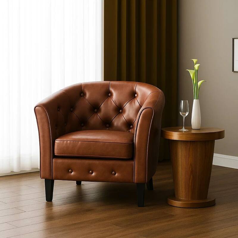 Deina Armchair, Tufted Shiny Brown Faux Leather, Black Wood Legs