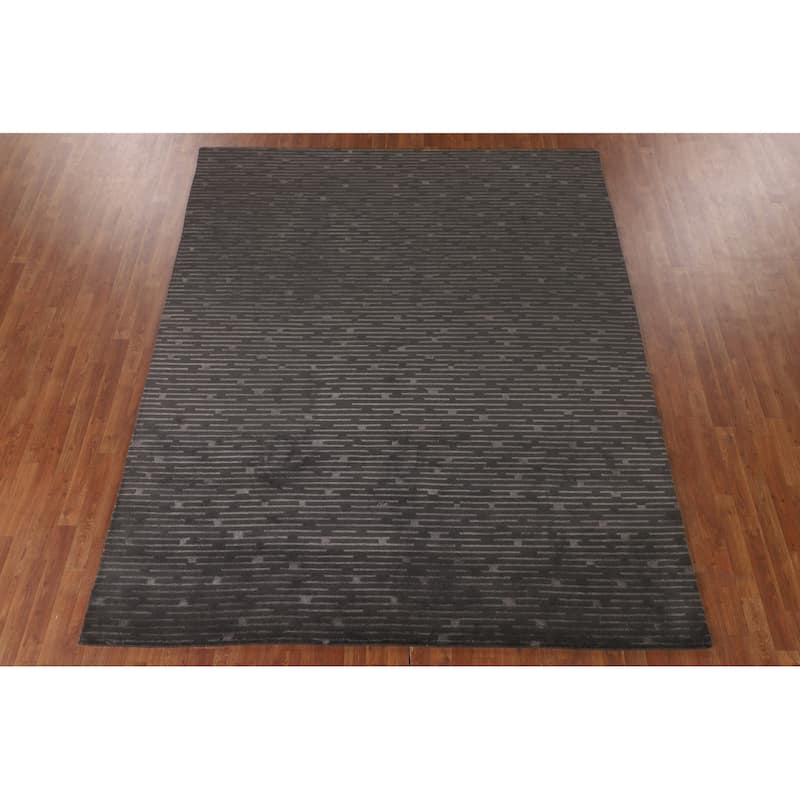 Striped Nepalese Oriental Area Rug Hand-Knotted Wool Carpet - 8'0" x 9'9"
