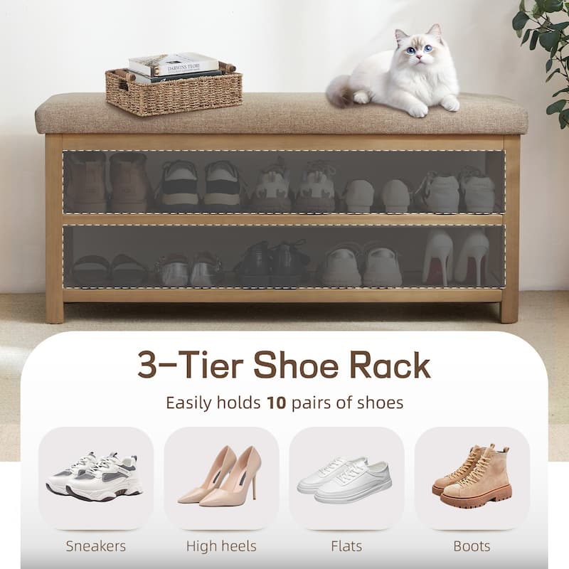 HUIMO Multi-Functional Solid Wood Bench with Storage Shelves 46in/39in/31in