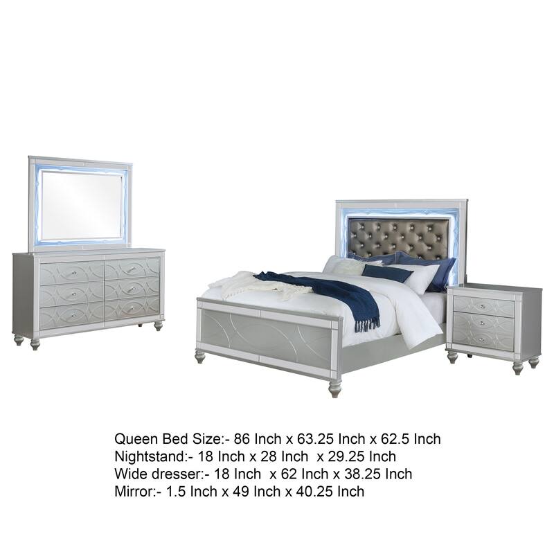 Gina 4pc Queen Bedroom Set, Silver Gray Faux Leather, LED Lights