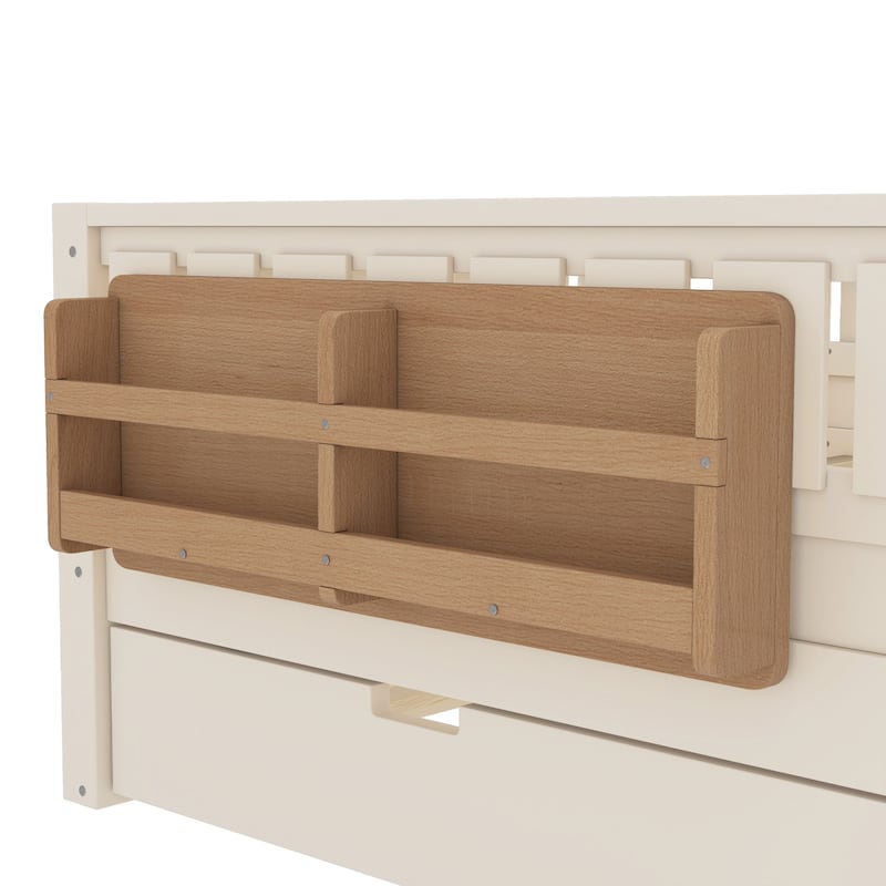 Full/Twin Size Wood Bed with Built-in Bookshelves and Storage Staircase, Safety Rails and Trundle Bed