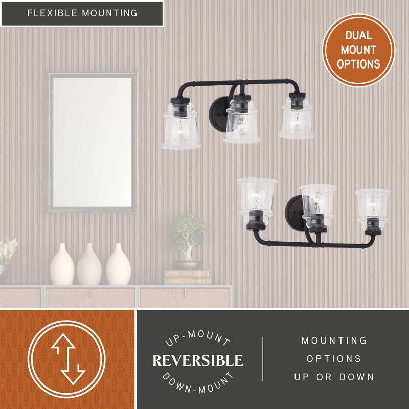 Toledo Black Industrial Farmhouse Clear Glass Vanity Fixture
