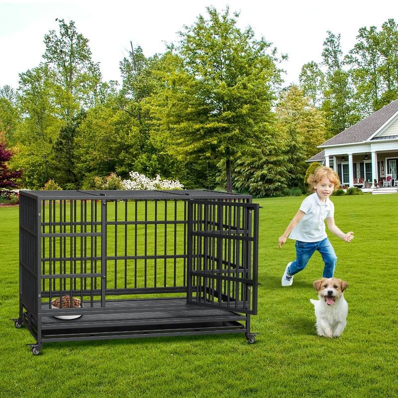 Heavy Duty Dog Crate withDouble Door Wheels ChewProof Metal Kennel for Small Dogs Easy to Assemble