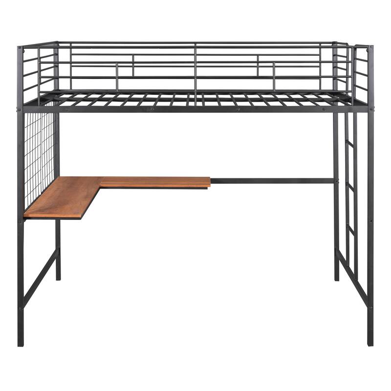 Black Full Size Metal Loft Bed with Desk and Storage Grid