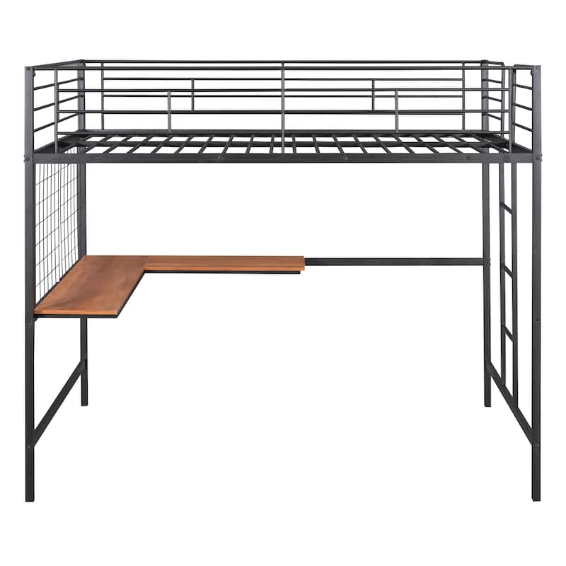 Metal Full Size Loft Bed with Wood Desk & Classy Grid, FullLength