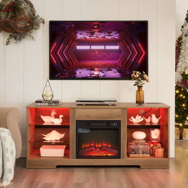 57.87" Fireplace TV Stand with 7 Color LED Flames and USB Charging - Oak