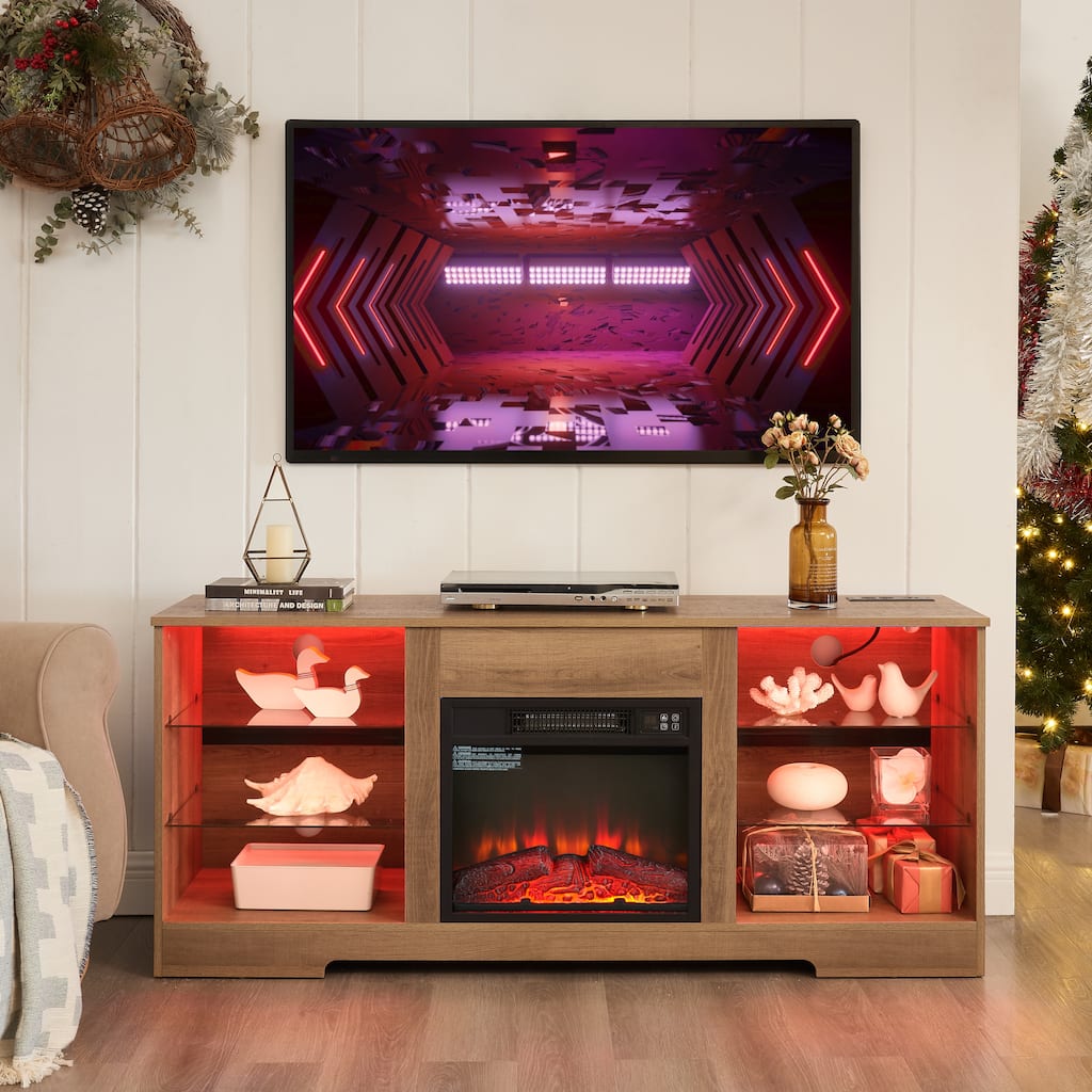 TV Stand Electric Fireplace TV Stand with Glass Shelves