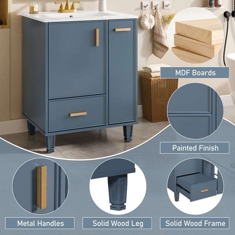 24" Bathroom Vanity with Sink, Door Shelf, Deep Drawer, 2-Tier Pull-Out Basket