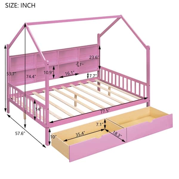 dimension image slide 1 of 3, Wooden Full Size House Bed with 2 Drawers,Kids Bed with Storage Shelf