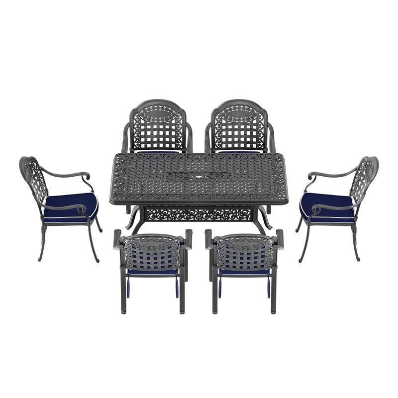 5/7-Piece Cast Aluminum Outdoor Dining Set with 59.06'' L X 35.43'' W Rectangular Table and Random Color Seat Cushions