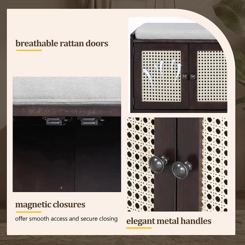 Rustic Storage Bench with Removable Cushion, Woven Rattan Doors & Adjustable Shelves