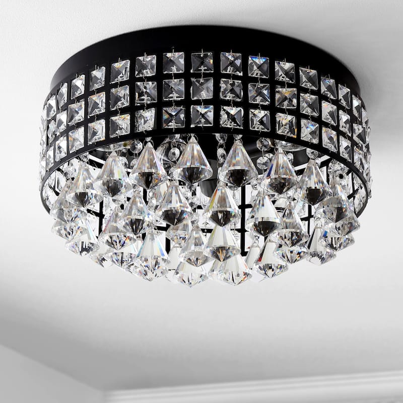 Evelyn 14.5" 3-Light Crystal Drops/Metal LED Flush Mount, Black by JONATHAN Y