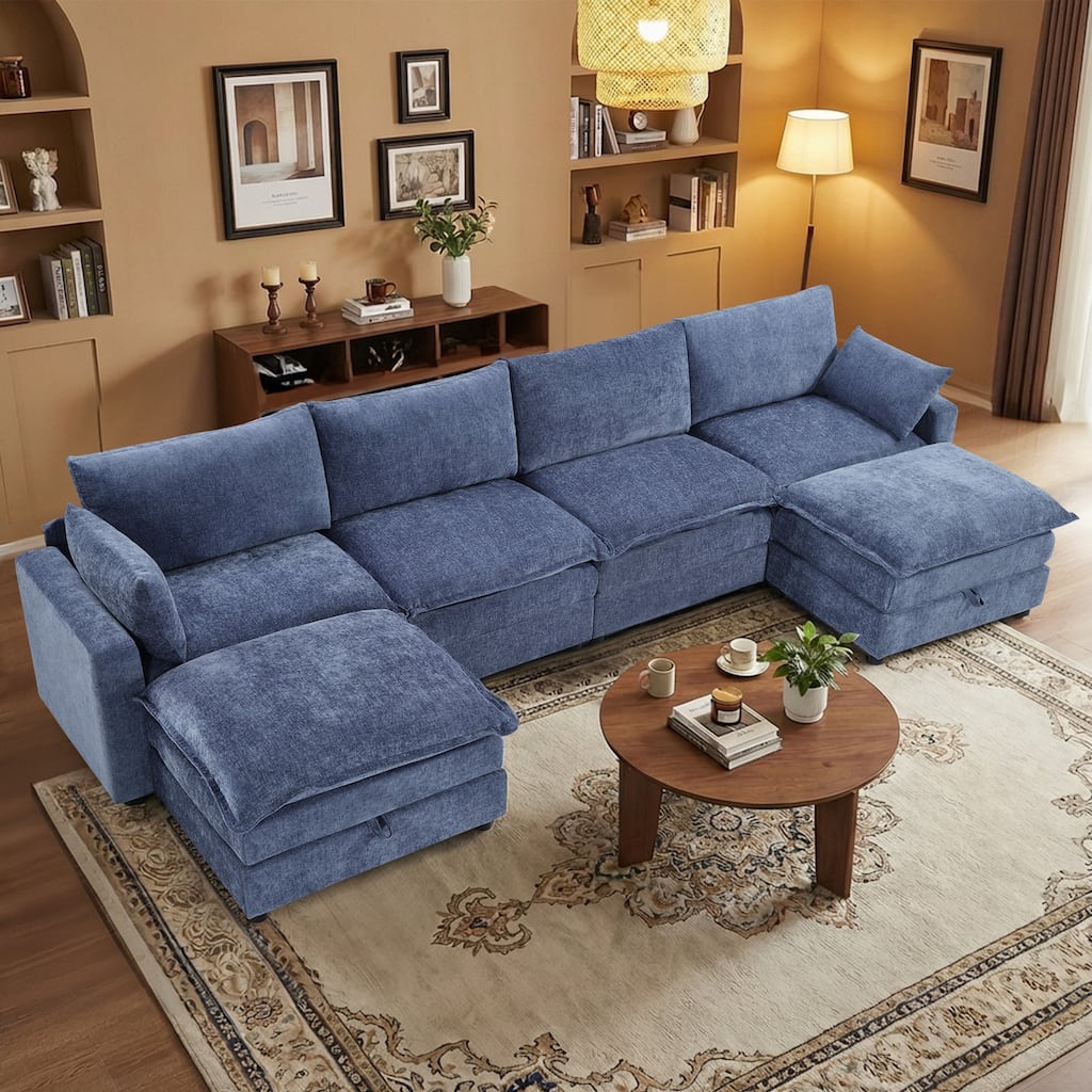 Modular Sectional Sofa for Living Room, U-Shaped Sofa Couch with Corduroy Fabric, 3/4 Seat Oversized Couch with Movable Ottoman