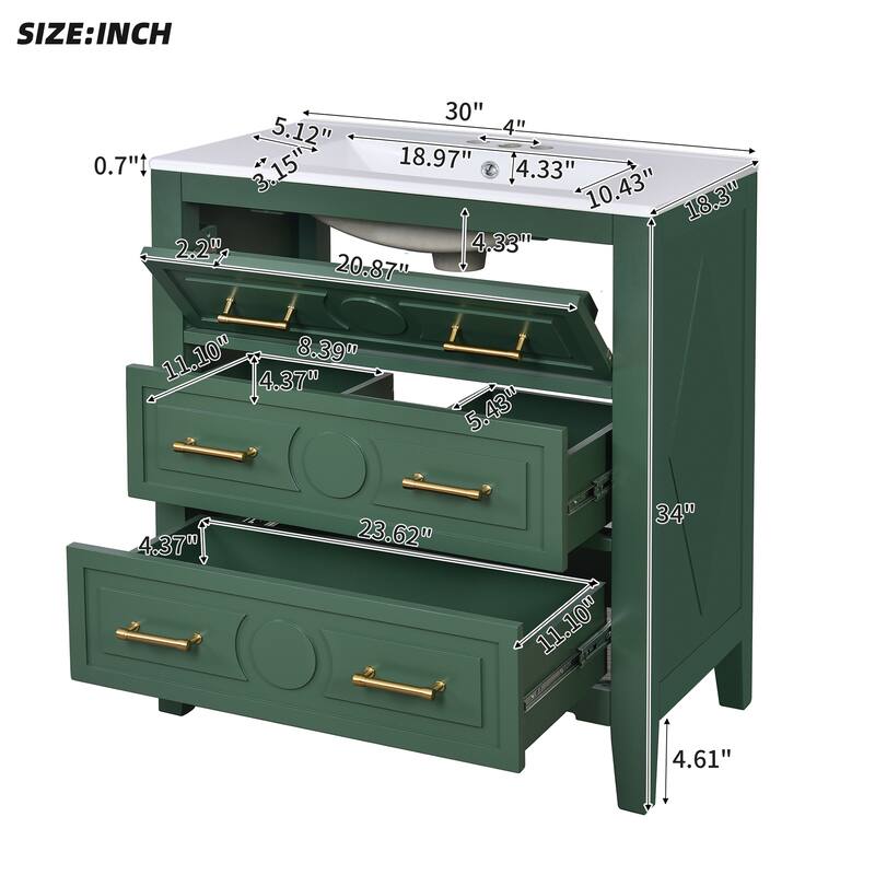 GDFStudio - Wimborne Retro Freestanding Bathroom Vanity with Ceramic Sink and 3 Storage Drawers - 30'W