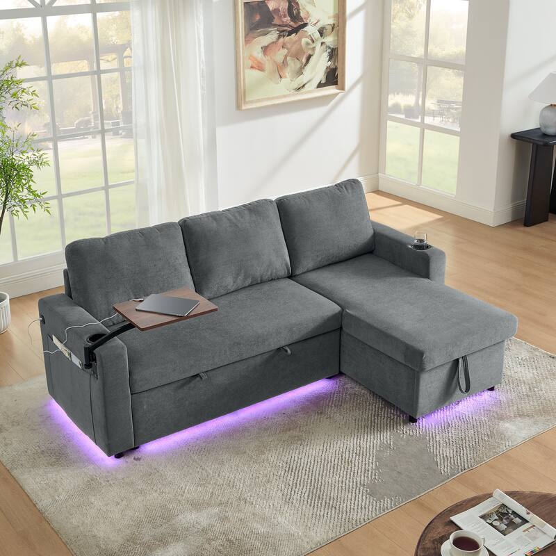 Roomfitters Modern Chenille Pull-Out Bed Sofa with Retractable Table, LED Lighting, USB Ports and Cup Holders