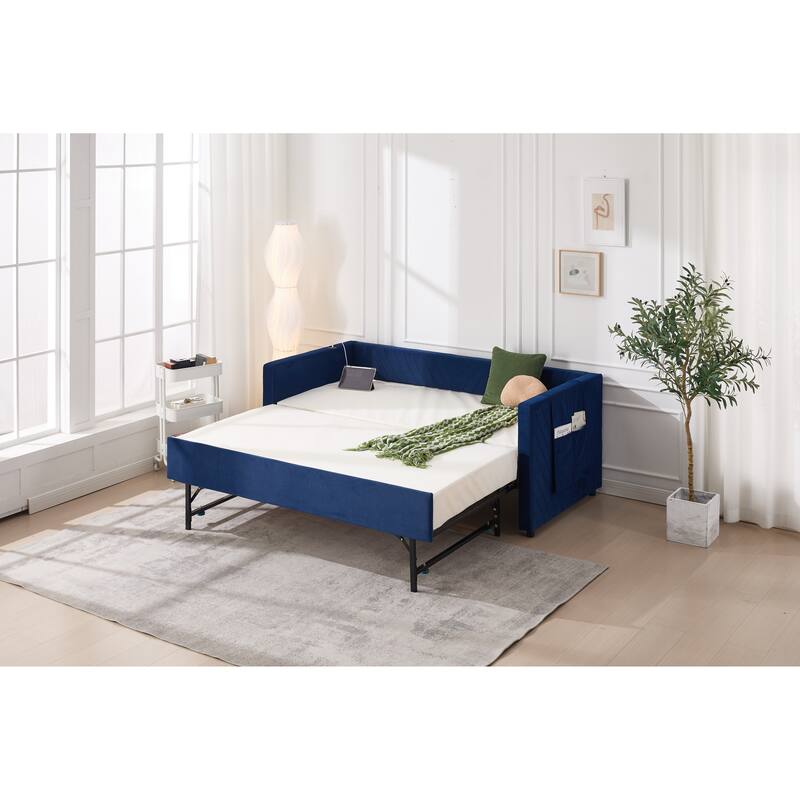 Twin Size Velvet Daybed with Trundle, USB Charging Port & Side Pockets, Modern Upholstered Sofa Bed with V-Pattern Backrest