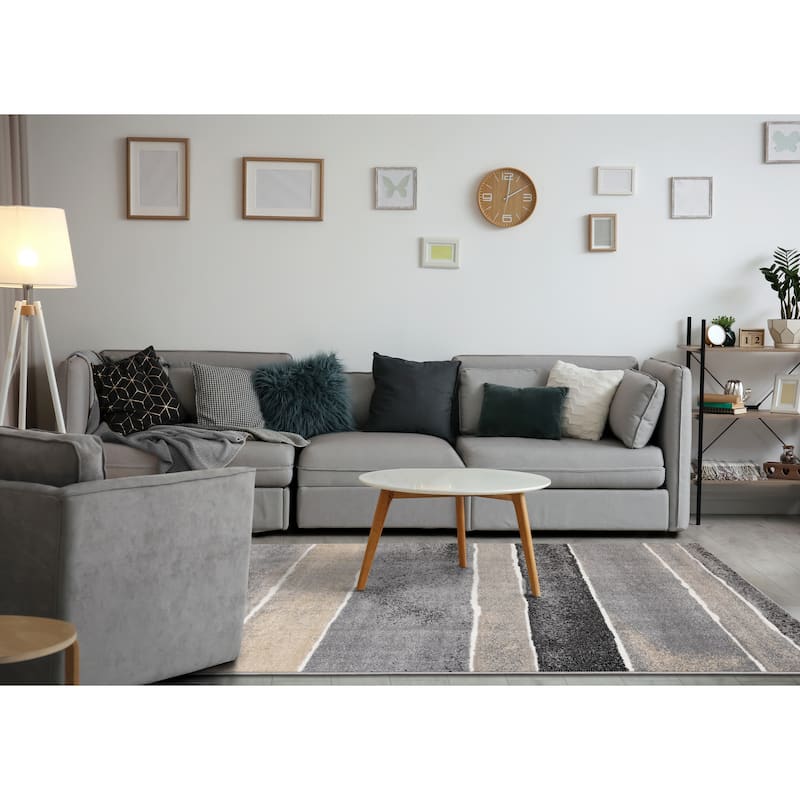 Covington Collection - Grey/Cream/Black Banded Rug