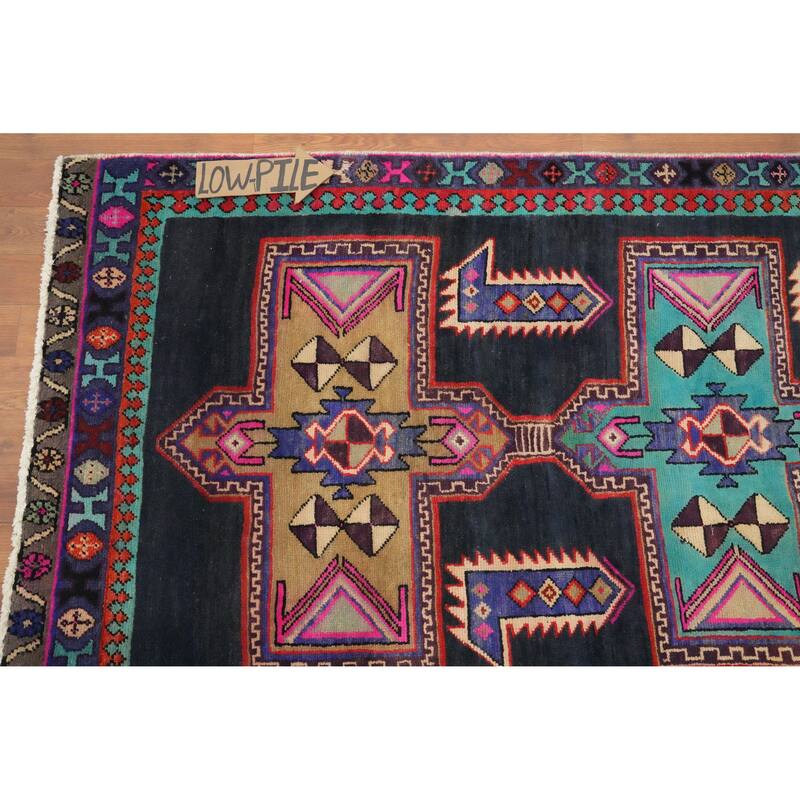 Hand Knotted Oriental 100% Wool Carpet Traditional Tribal Navy Blue & Blues Ardebil Runner Rug - 10' 0'' X 3' 2''