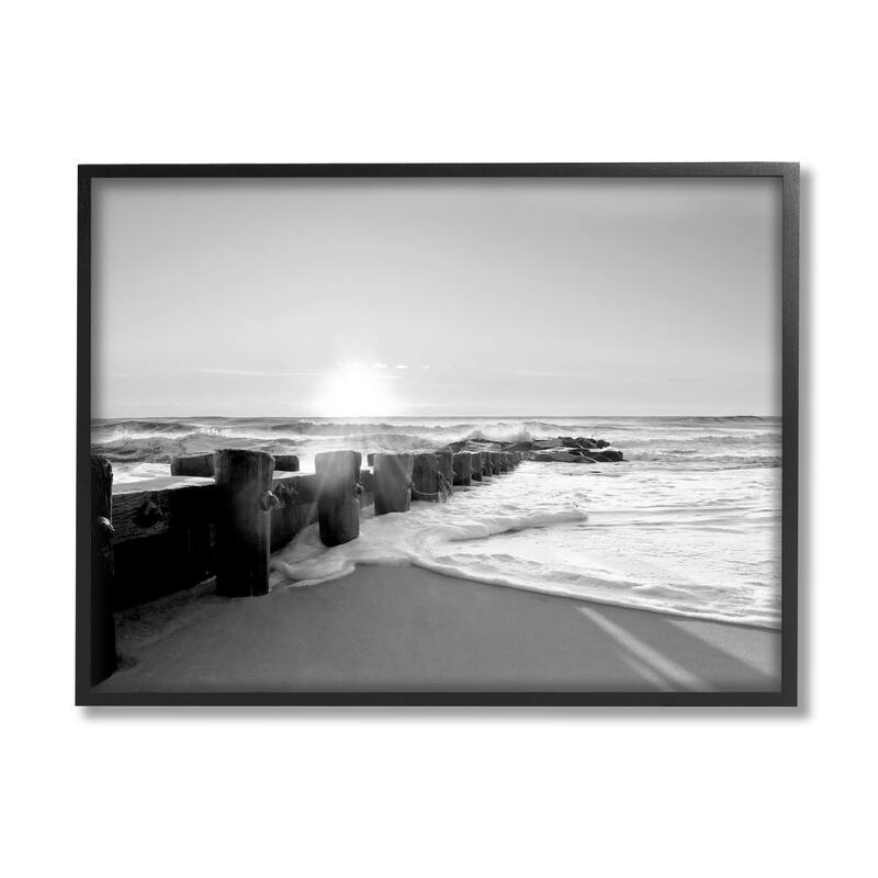 Stupell Beach Tide Sea Foam Landscape Black White Photography Framed Wall Art - 30 x 24 - Black