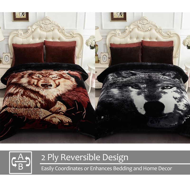 2 Ply A&B Printed Raschel Bed Blanket 85" x 95"-10 Pounds - Coffee Wolf