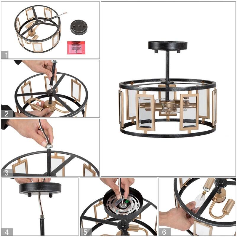 Zeci Mid-century Modern Metal Drum Semi Flush Mount Black Gold Geometric Glass Ceiling Light for Foyer