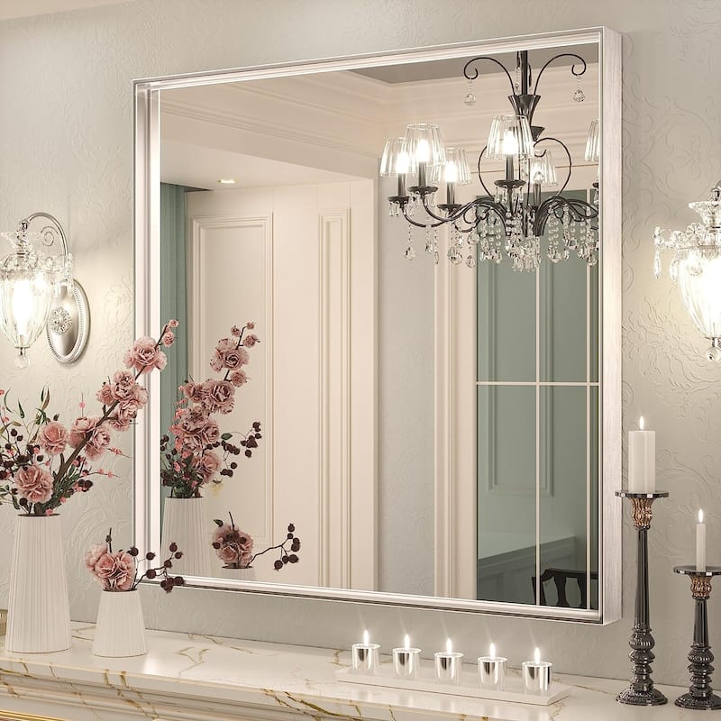 KEONJINN Modern Metal Framed Bathroom Vanity Wall Mounted Mirror - 36x36 - Silver