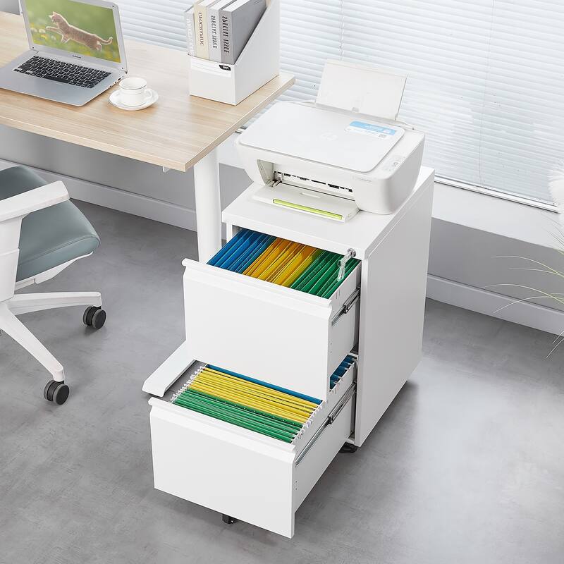 Modern File Cabinet Mobile File Cabinet Steel File Cabinet with 2 Drawers and Lock for Home Office, White