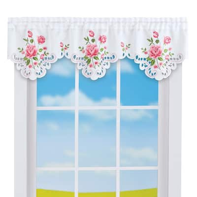 Embroidered Flowering Rose Scalloped Edge Window Valance - 8.500 x 6.250 x 1.880