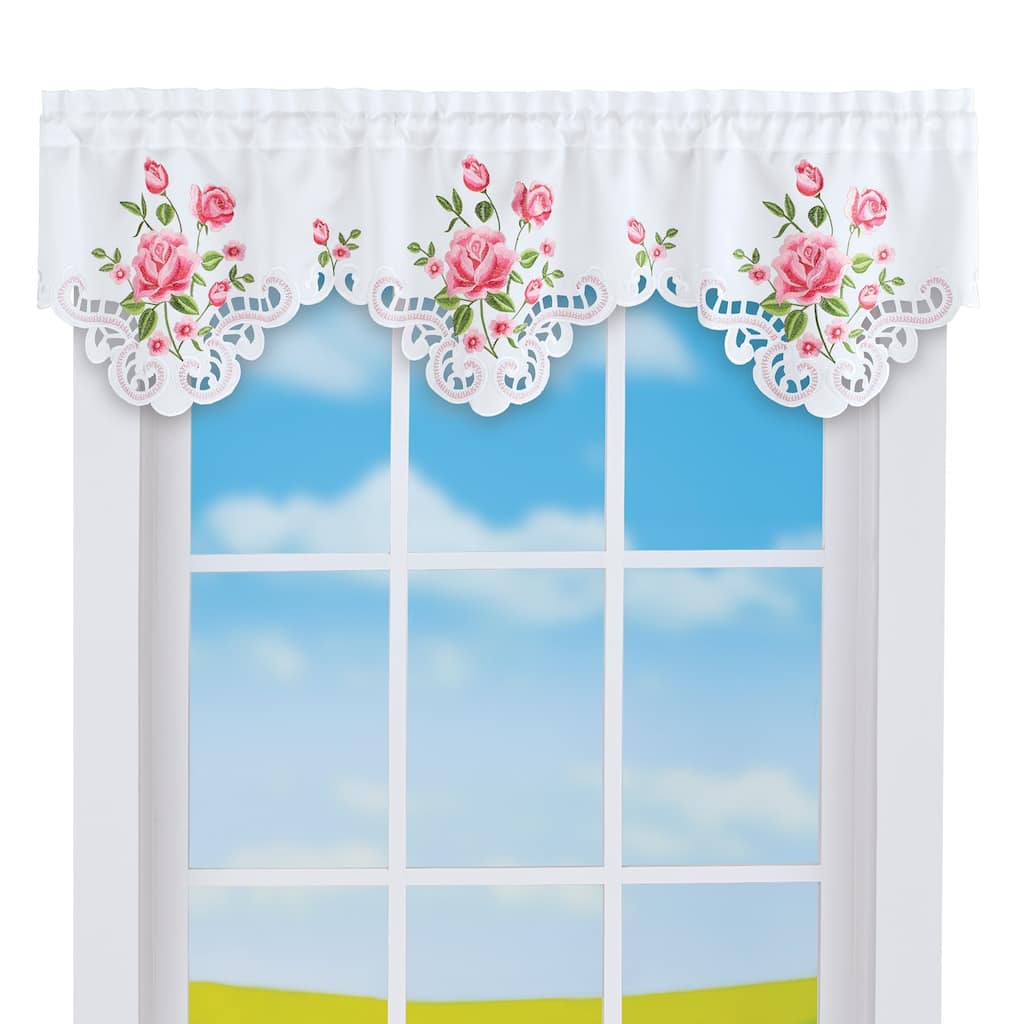Embroidered Flowering Rose Scalloped Edge Window Valance - 8.500 x 6.250 x 1.880