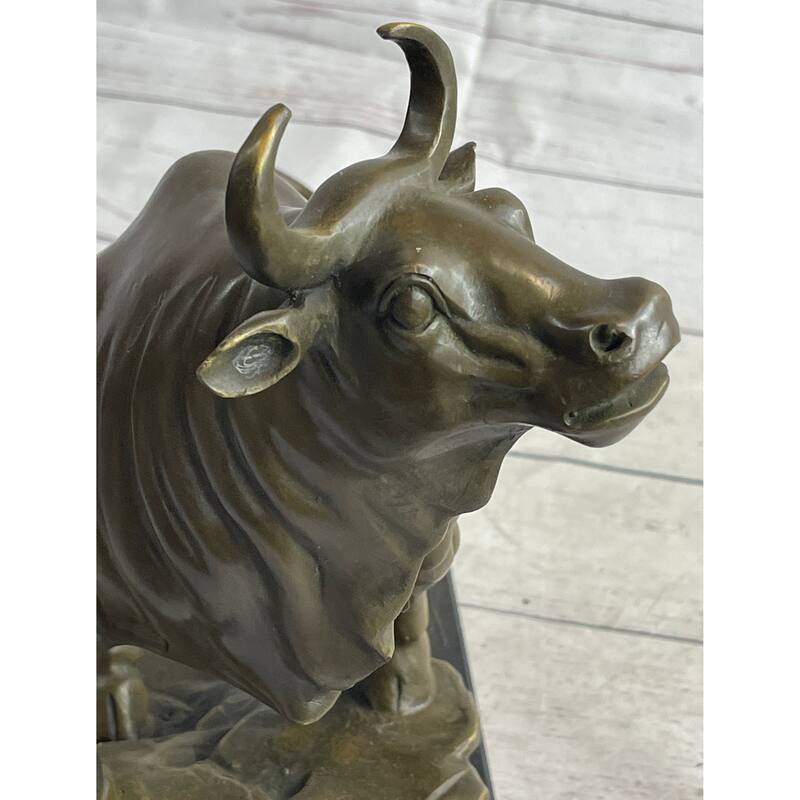 Upward Facing Imitative Bull Bronze Sculpture Statue Marble Base Original Art 12 Inches X 16 Inches